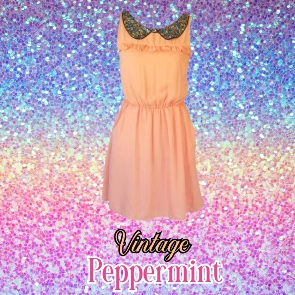 Retro Sequin Collar Dress Vintage Pastel Orange